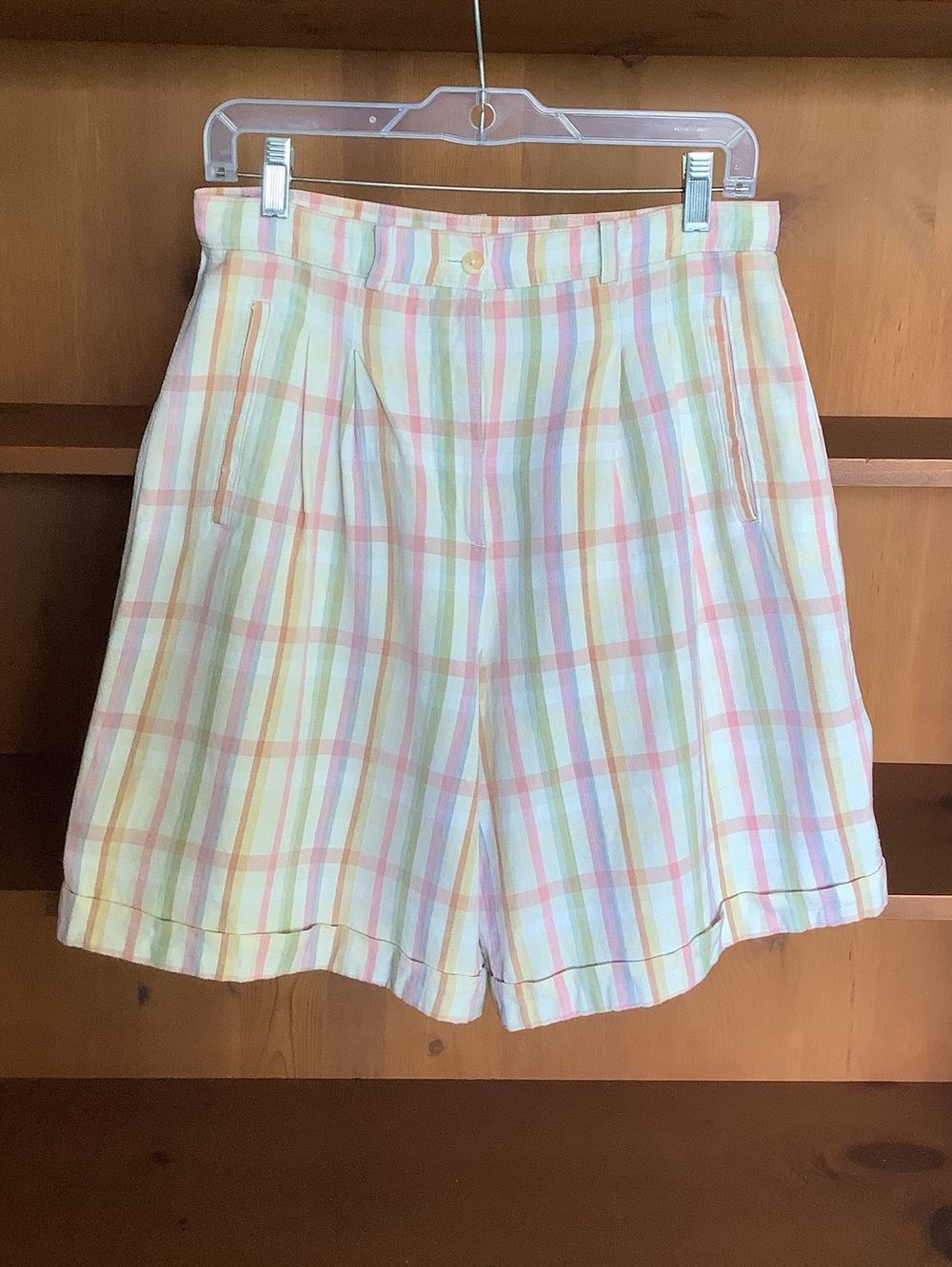 Vintage 90s Reitmans Linen Ramie Plaid Bermuda Shorts Pastel Preppy Size 11